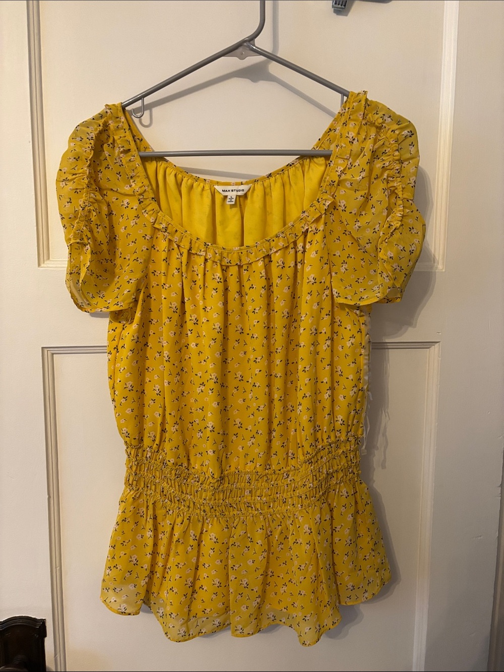 Yellow Floral Smocked-Waist Peplum Top